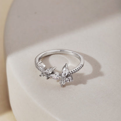 Women's S925 Silver Ring with White Gold Plating, Double Butterfly Inlaid Cubic Zirconia Unique Ladies Fashion Ring
