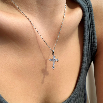 Women's Stackable Religious Cross Pendant Necklace, Zirconia Inlay, S925 with White Gold Plating