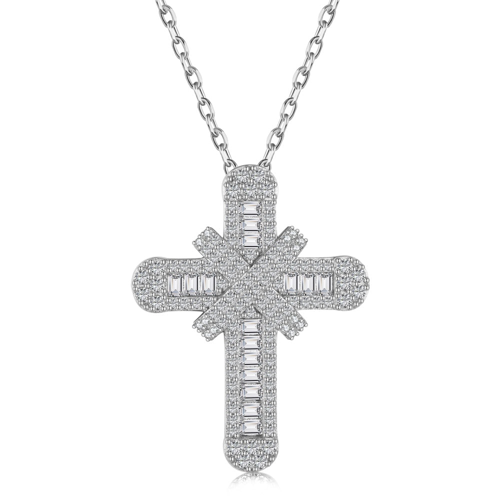 Women's Exquisite High‑end Cross Pendant Necklace, Starry Paved Zirconia Inlay, S925 with White Gold Plating
