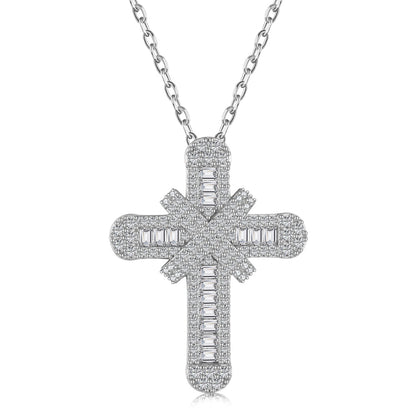 Women's Exquisite High‑end Cross Pendant Necklace, Starry Paved Zirconia Inlay, S925 with White Gold Plating