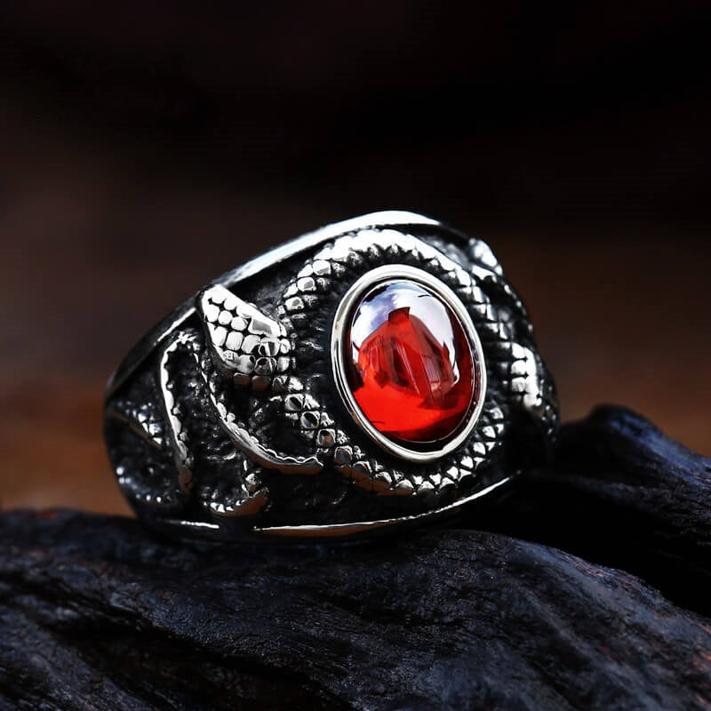 Vintage Solid Stainless Steel Double Snake Ring for Men Inlaid Red Synthetic Gemstone