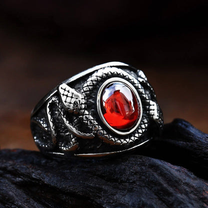 Vintage Solid Stainless Steel Double Snake Ring for Men Inlaid Red Synthetic Gemstone
