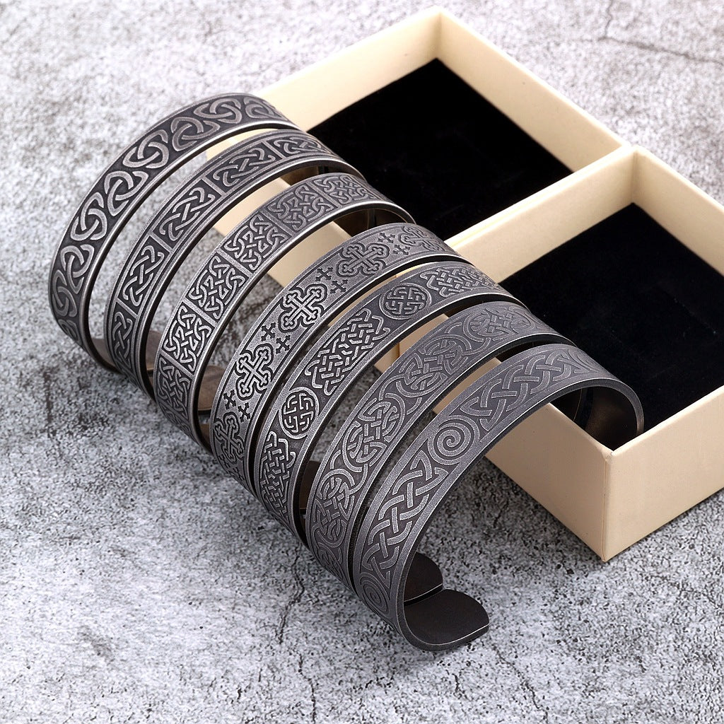 Men's Vintage Distressed Stainless Steel Cuff Bracelet, Nordic Viking Pirate Celtic Knot Open C Bangle