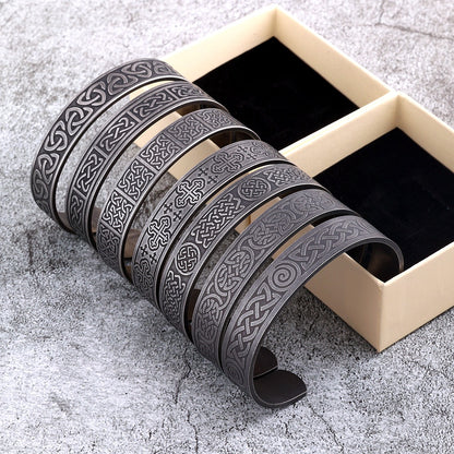 Men's Vintage Distressed Stainless Steel Cuff Bracelet, Nordic Viking Pirate Celtic Knot Open C Bangle