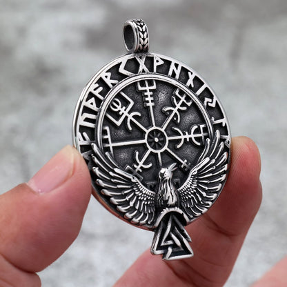 Men's Steel Viking Raven Rune Compass Round Tag Pendant Necklace