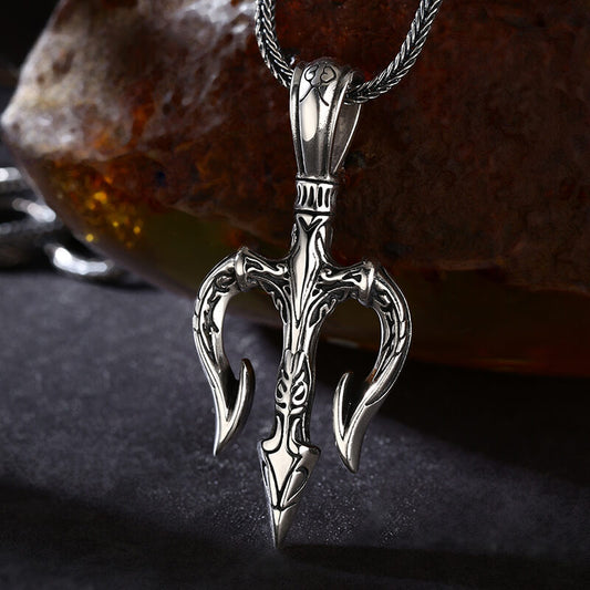 Vintage Stainless Steel Trident Pendant Necklace for Men