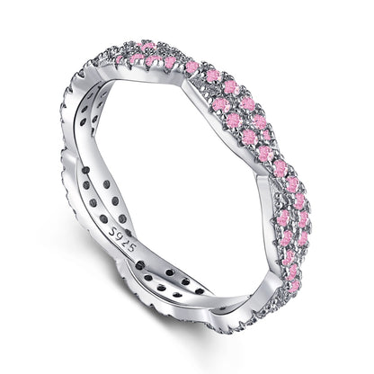 Women's Pink Round Zirconia Paved Fashion Wedding Ring, S925 with White Gold Plating