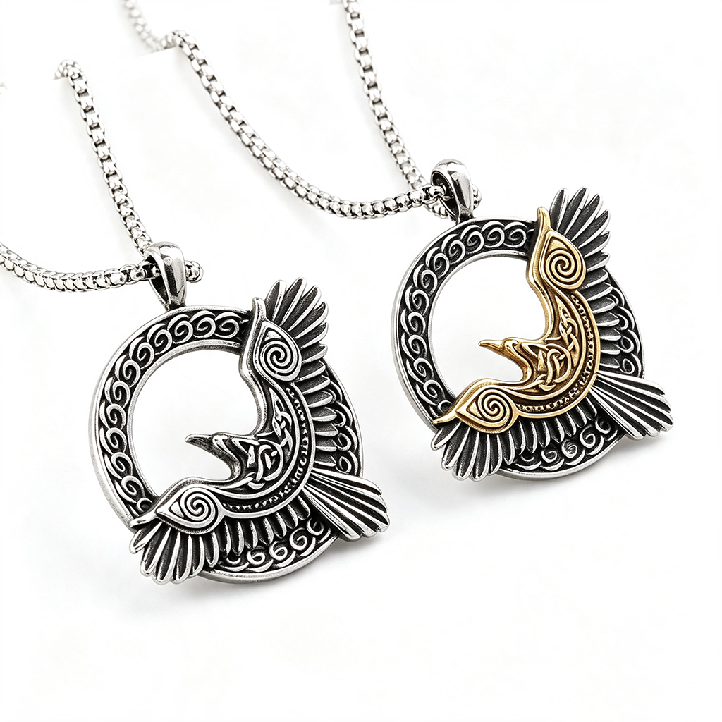 Vintage Stainless Steel Men's Single Sided Viking Raven Round Pendant Necklace