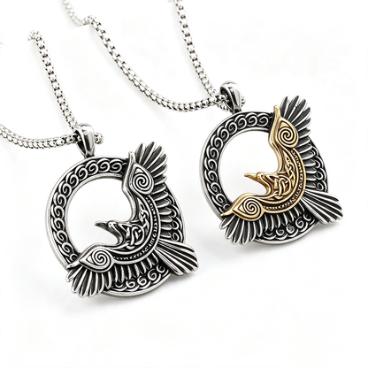 Vintage Stainless Steel Men's Single Sided Viking Raven Round Pendant Necklace