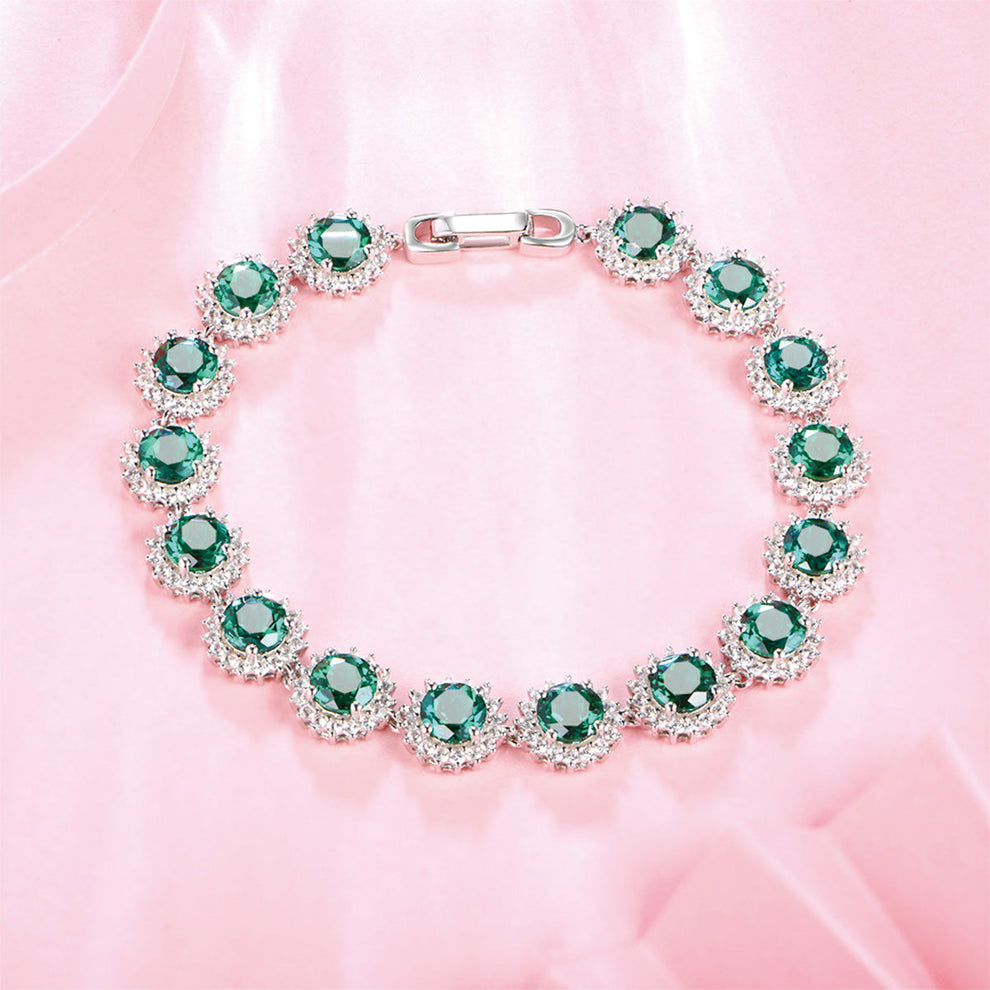 Women's Sterling Silver Round Cut Emerald Gem Retro Tennis Bracelet with Worldwide Setting Stones