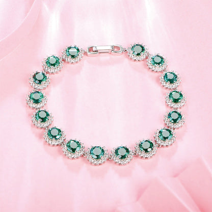 Women's Sterling Silver Round Cut Emerald Gem Retro Tennis Bracelet with Worldwide Setting Stones