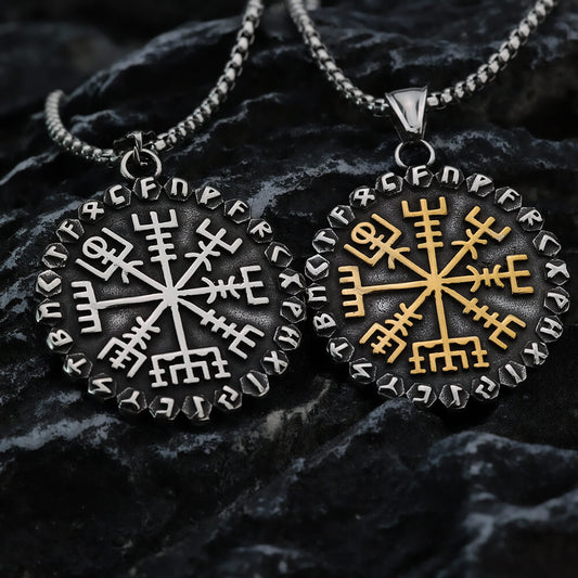Vintage Nordic Stainless Steel Viking Compass Rune Pendant Necklace for Men