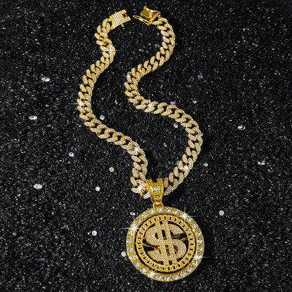 Hip-Hop Dollar Spinning Disc Cuban Chain Pendant Necklace