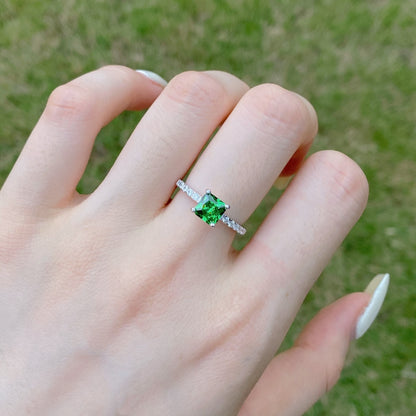 Women's Emerald Zirconia Four Prong Square Row Stone Ring, S925 with White Gold Plating