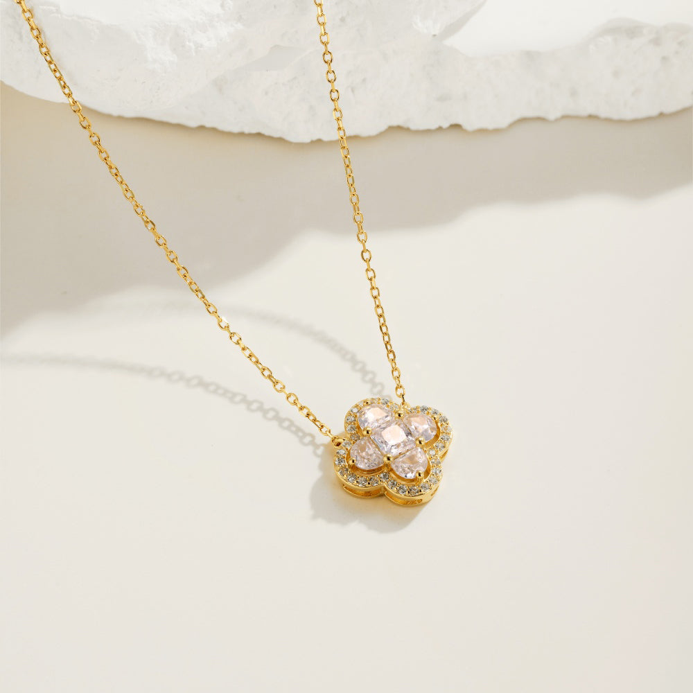 Women's Clover Pendant Necklace, Heart Shape Zirconia Accent, S925 with Gold Plating