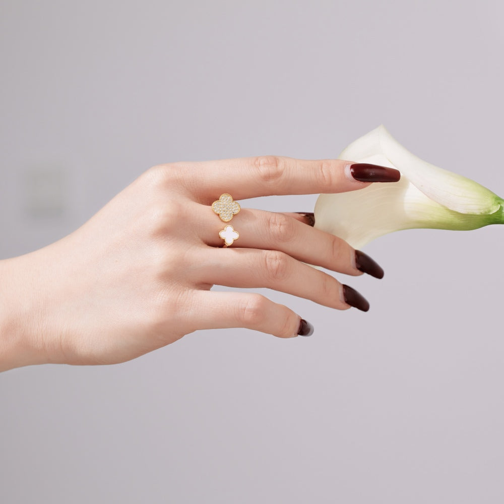 Women's Four‑Leaf Clover Ring With Round Zirconia & White shell Inlay, S925 with Gold Plating, Adjustable Ring