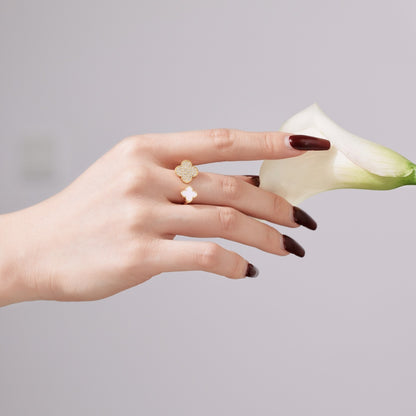 Women's Four‑Leaf Clover Ring With Round Zirconia & White shell Inlay, S925 with Gold Plating, Adjustable Ring