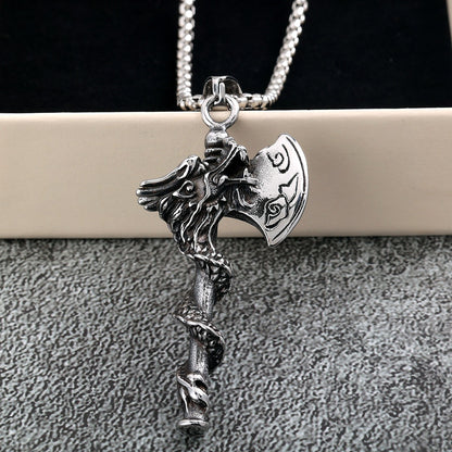 Mens Steel Dragon Axe Pendant Necklace