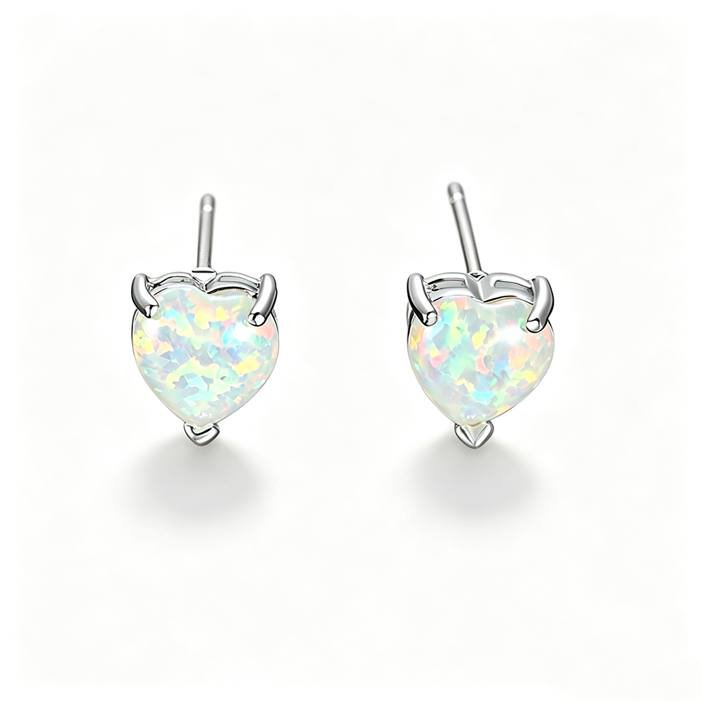 Women's Minimalist Elegant Prong‑Set Heart‑Shape Blue / White Opal Stud Earrings, with White Gold Plating