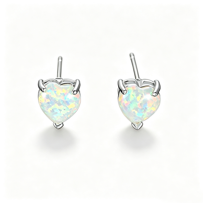 Women's Minimalist Elegant Prong‑Set Heart‑Shape Blue / White Opal Stud Earrings, with White Gold Plating