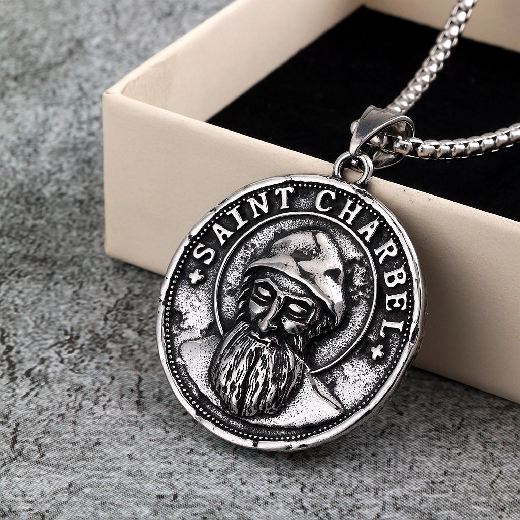 Men's vintage stainless steel Saint Chapelle double-sided medal pendant