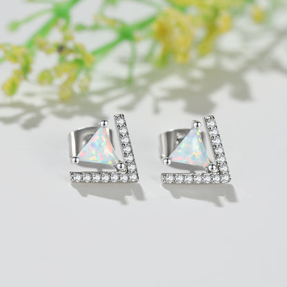 Women's V‑Shaped Triangle Opal Stud Earrings With Zirconia Inlay, White Gold Plating / Rose Gold Plating