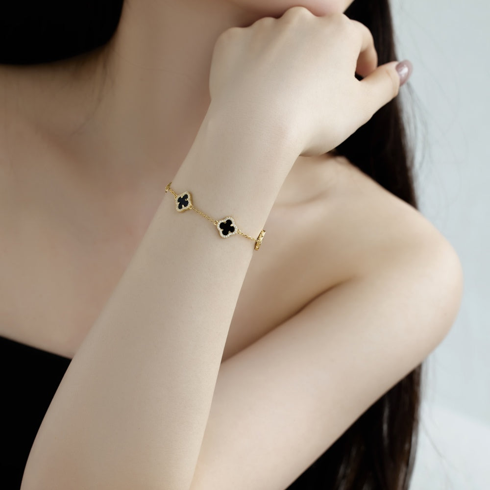 Women's Delicate Bracelet, Black Onyx & Round White Zirconia Inlay Clover Design, S925 with 18K Gold Plating