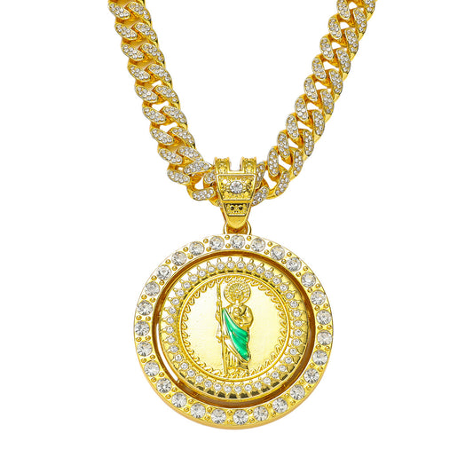 Hip Hop Religion Rotating St. Jude Statue Cuban Chain Pendant Necklace