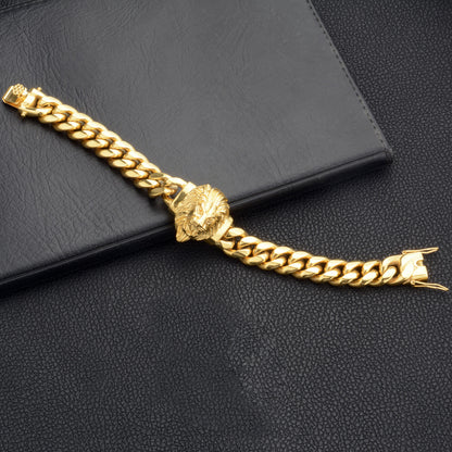 Men’s Cuban Link Bracelet with Lion Head Charm Fashion Hip Hop Stainless Steel Wrist Jewelry