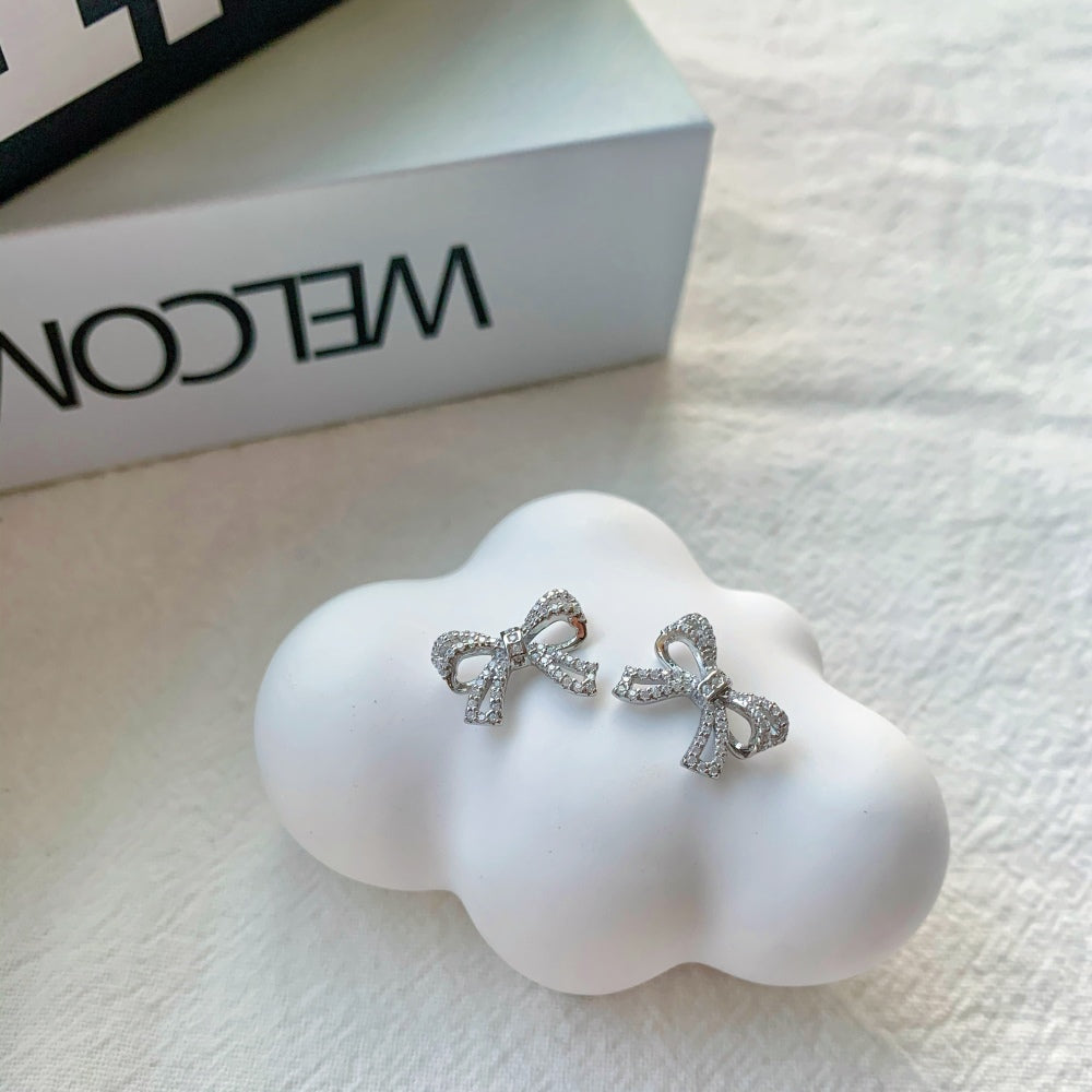 Women's Bow Stud Earrings, Full Paved Round Zirconia, S925 with White Gold Plating