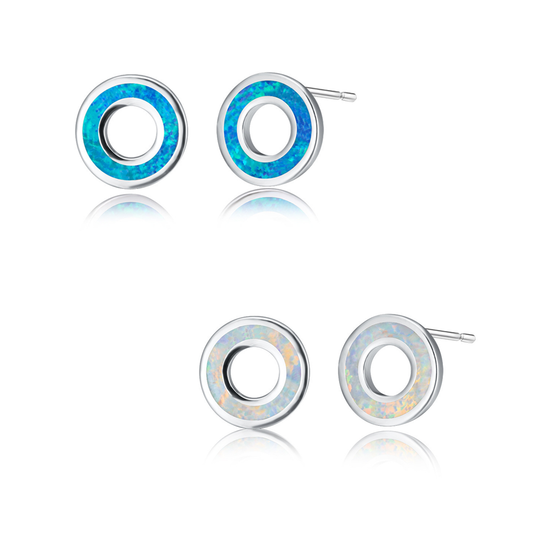 Women's Hollow Circle Stud Earrings, Blue Opal / White Opal Inlay, with White Gold Plating