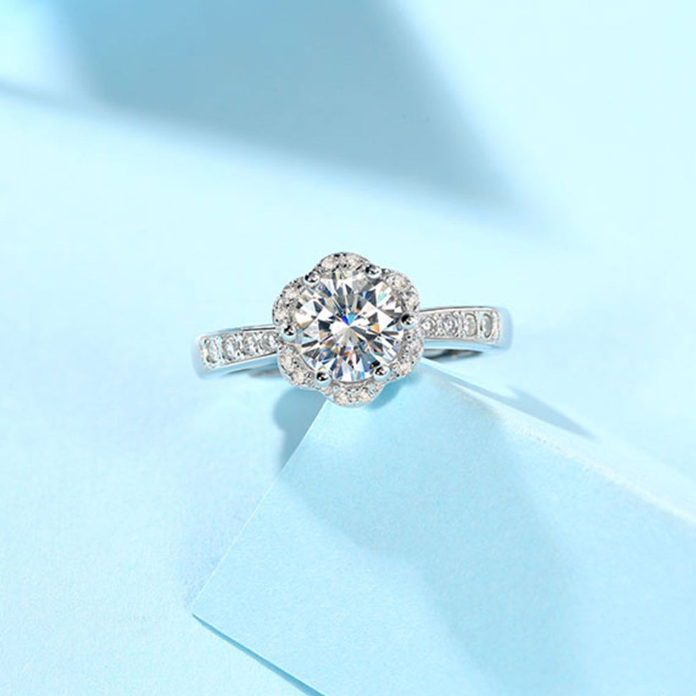 Women's White Gold Flower Shape Adjustable Moissanite Ring