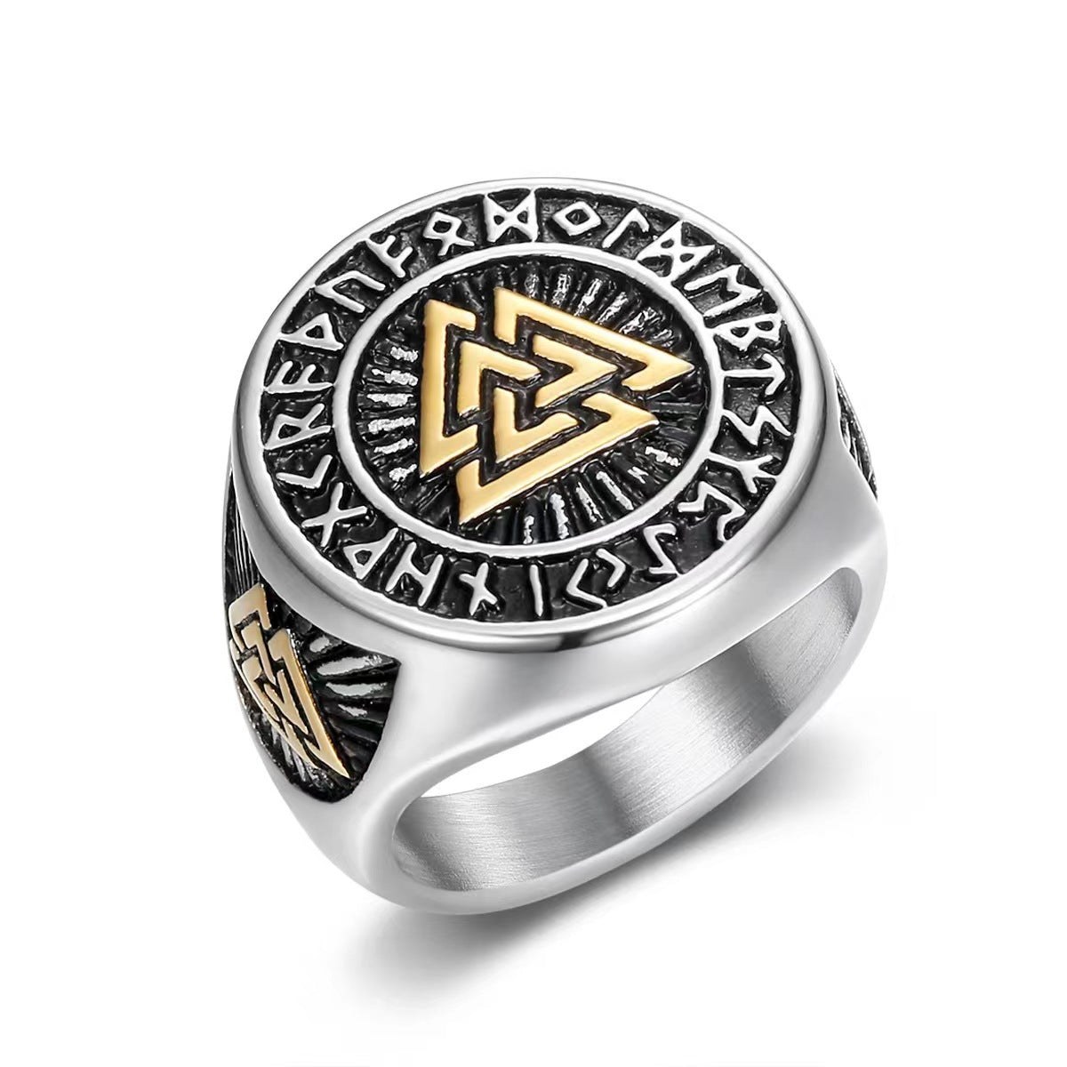 Vintage Nordic Stainless Steel Viking Triangle Symbol Rune Circle Signet Ring for Men