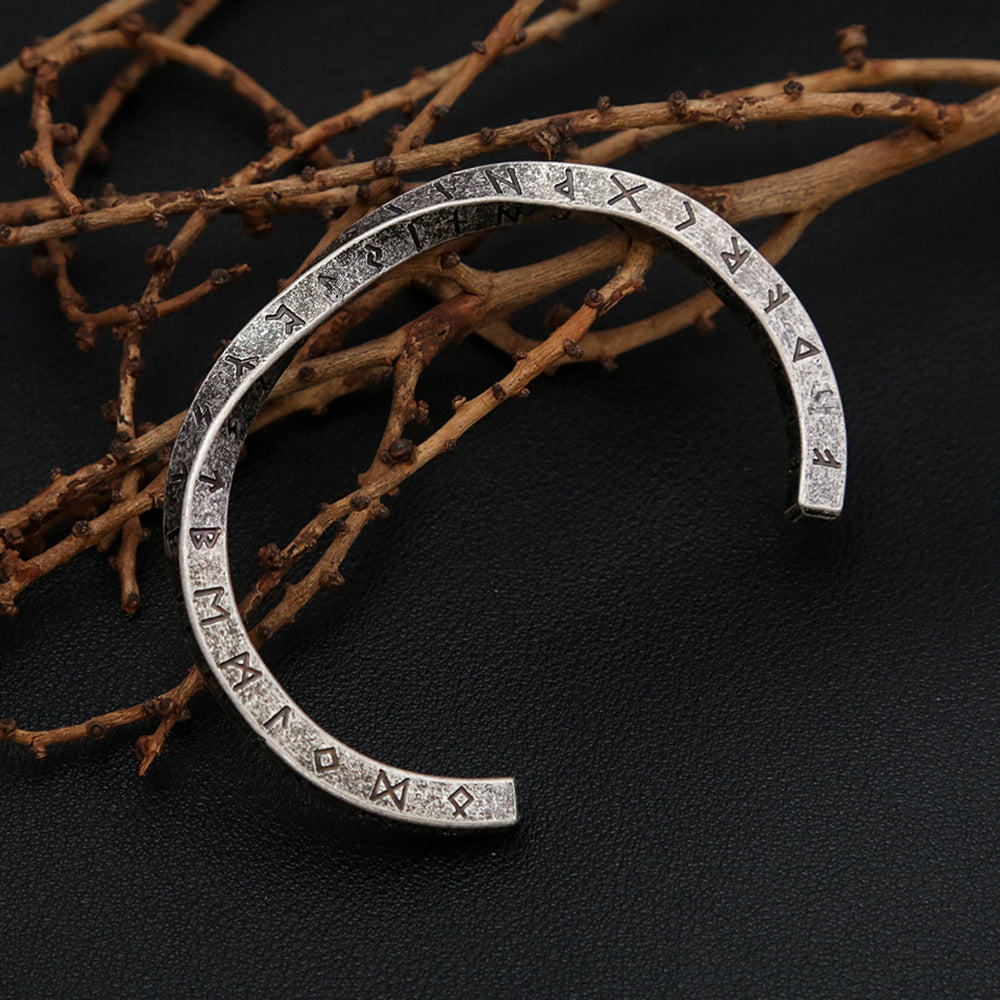 Men's Vintage Viking Letter Stainless Steel Open Cuff Bracelet, Personalized Versatile Titanium Steel Bangle