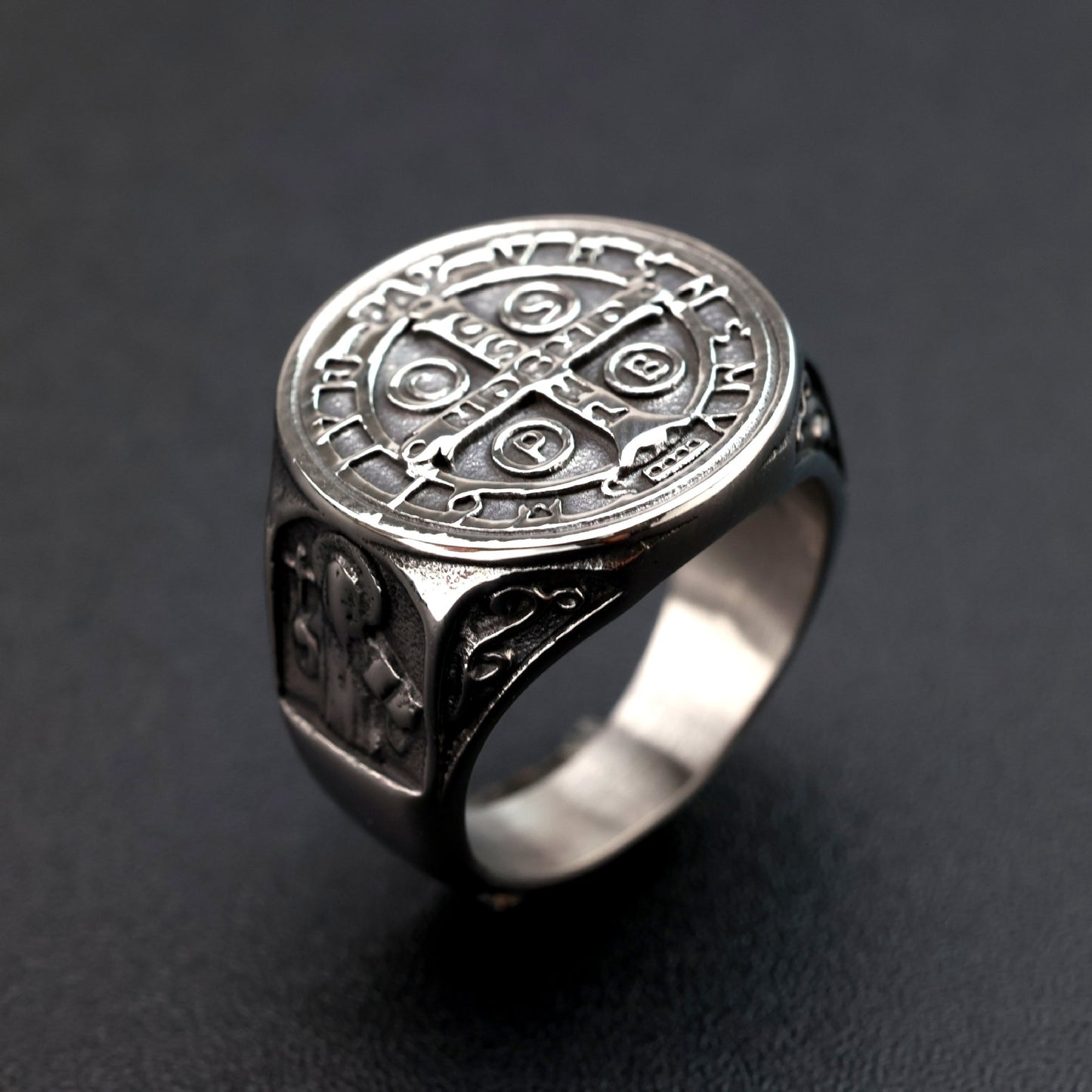 Vintage Stainless Steel Saint Benedict Exorcism Cross Ring for Men