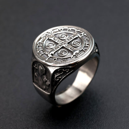 Vintage Stainless Steel Saint Benedict Exorcism Cross Ring for Men