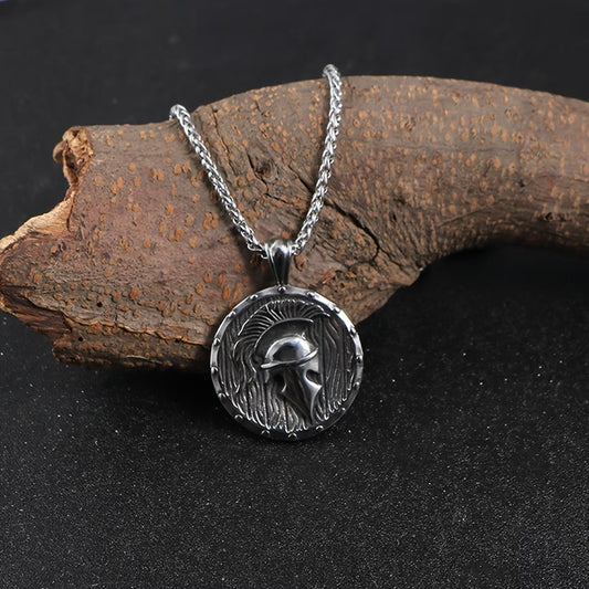 Men's Vintage Spartan Warrior Helmet Round Pendant Necklace