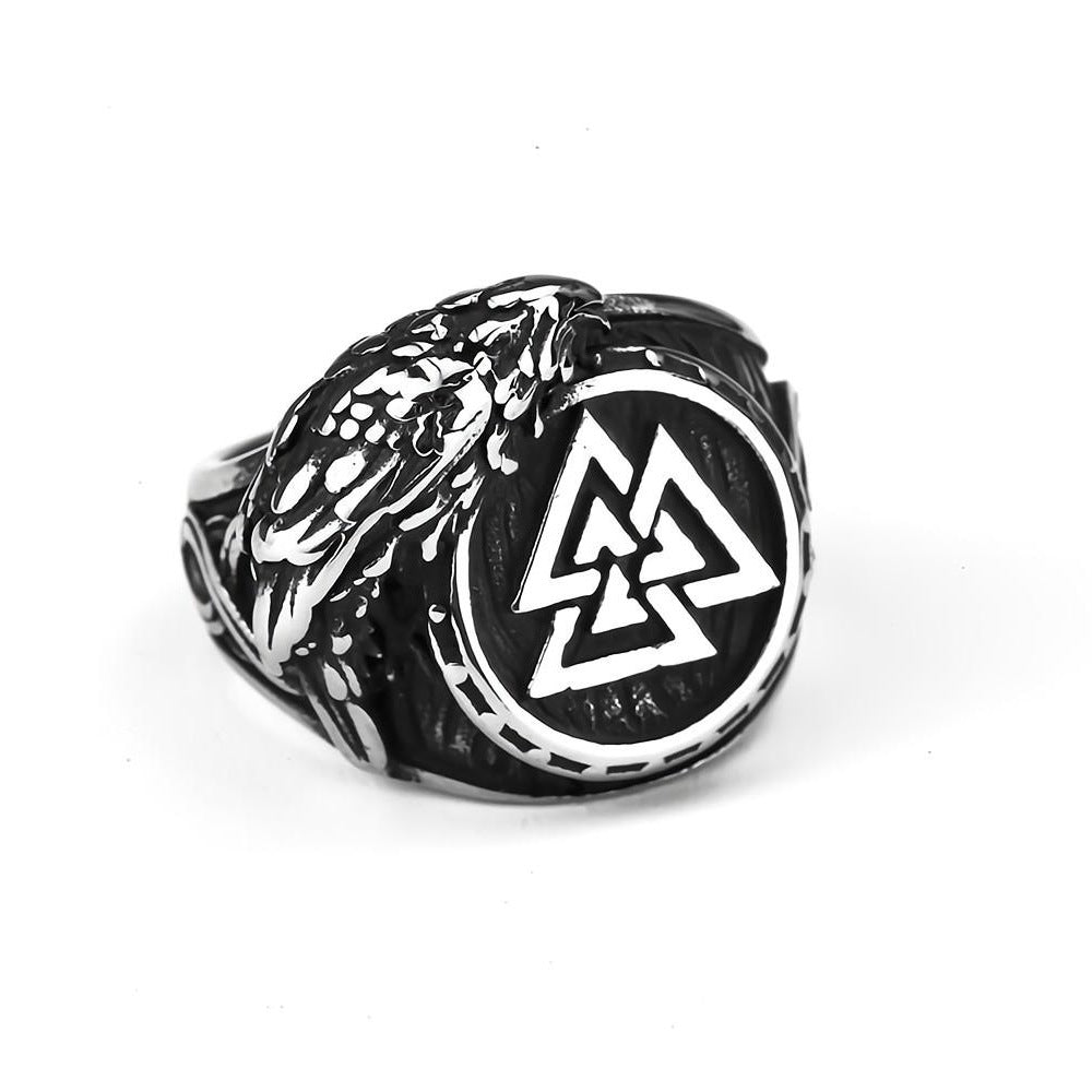 Vintage Solid Stainless Steel Viking Triangle Symbol Crow Totem Band Ring for Men