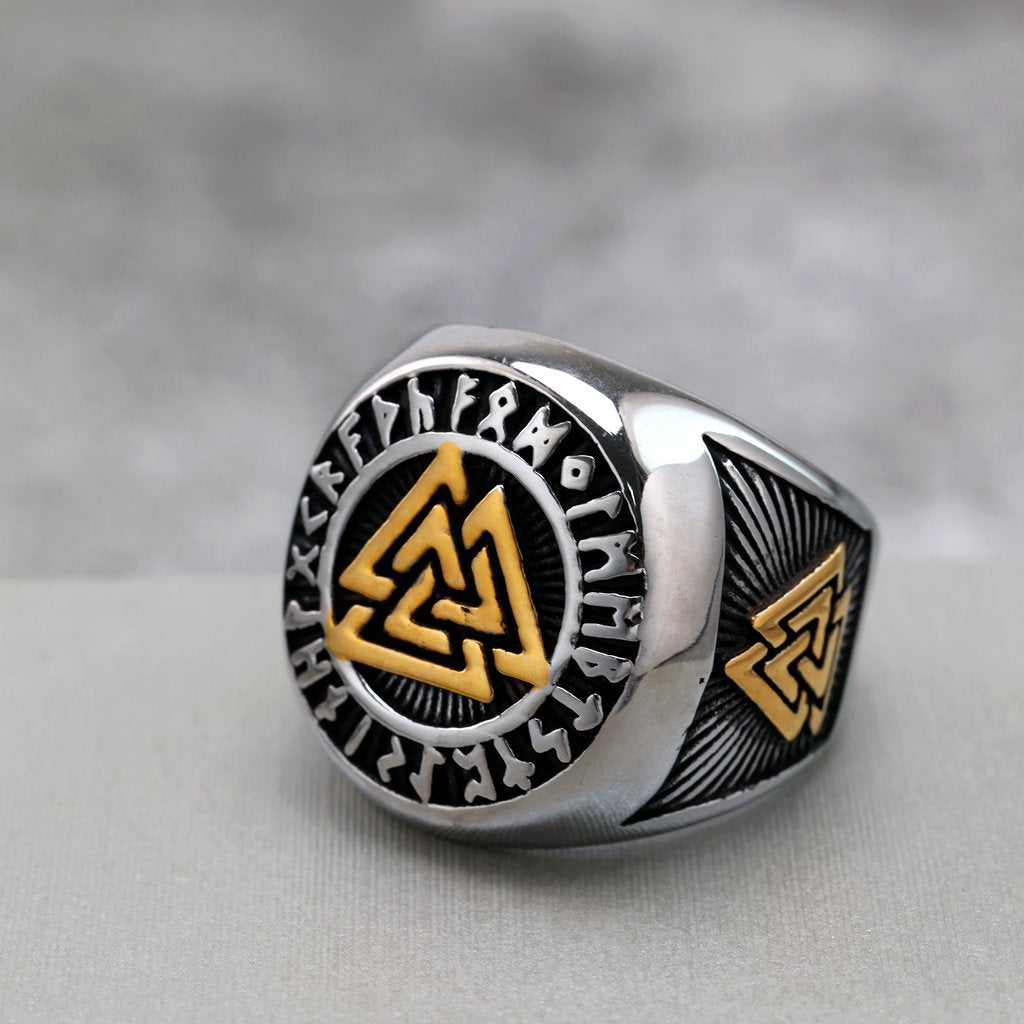 Vintage Nordic Solid Stainless Steel Viking Rune Triangle Ring for Men