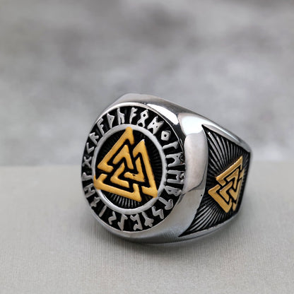Vintage Nordic Solid Stainless Steel Viking Rune Triangle Ring for Men