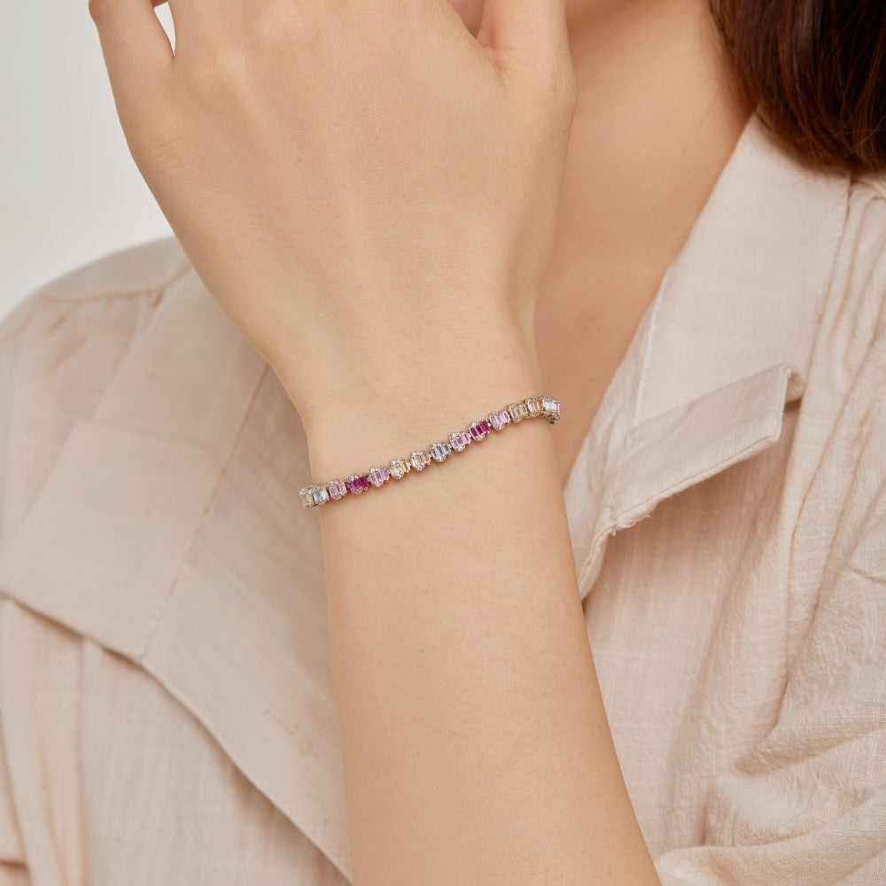Women's Delicate Tennis Bracelet, Multicolor Baguette Zirconia Full Paved Inlay, S925 with White Gold Plating