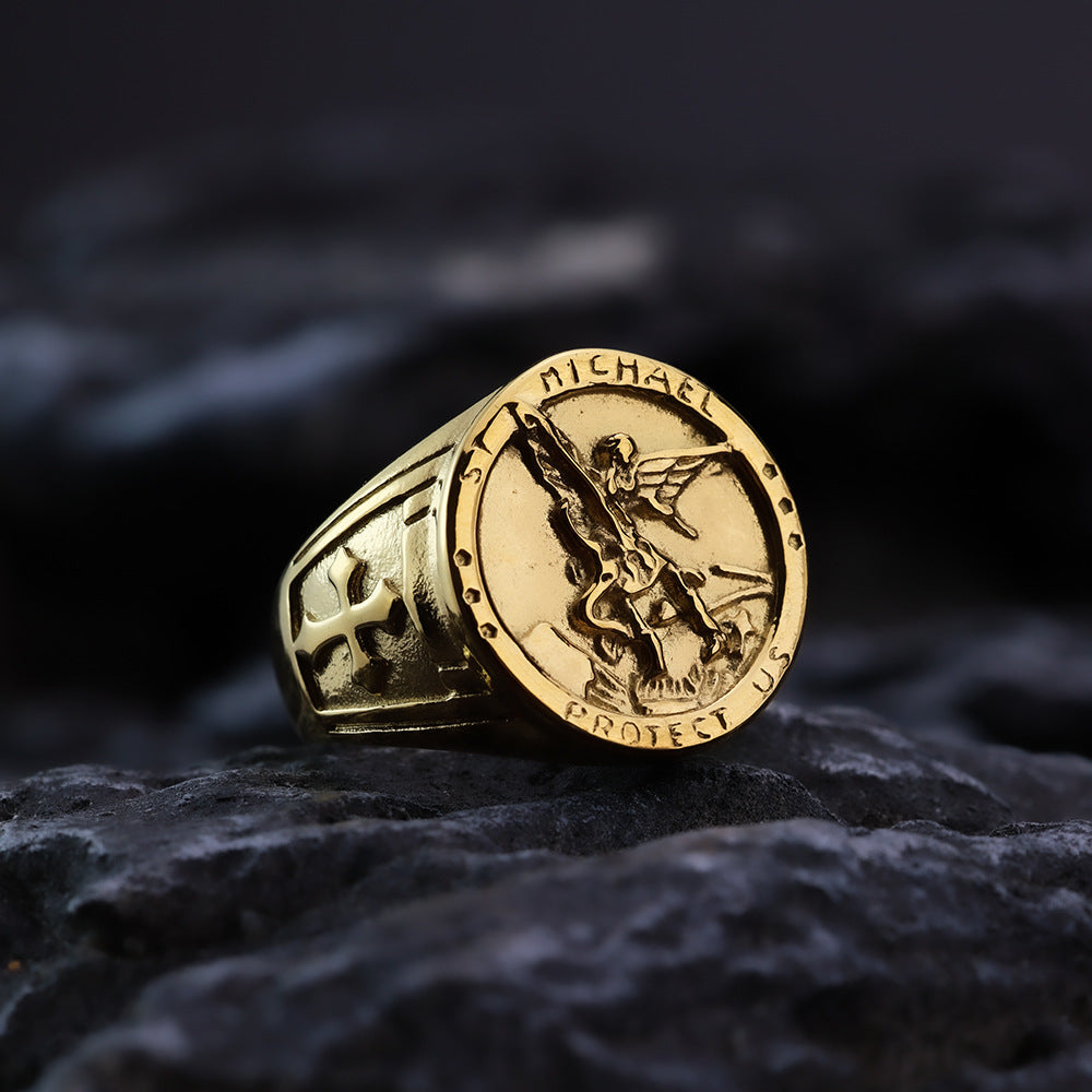 Vintage Solid Stainless Steel Archangel Saint Michael Dragon Slayer Round Signet Ring for Men