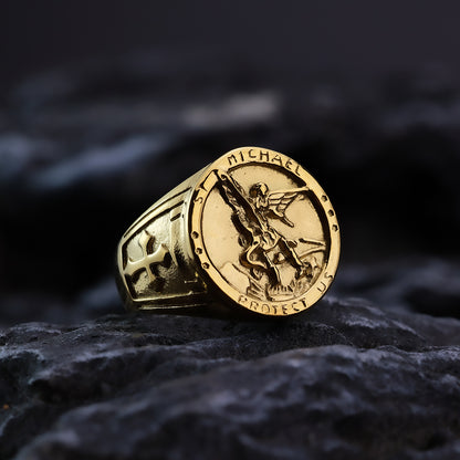 Vintage Solid Stainless Steel Archangel Saint Michael Dragon Slayer Round Signet Ring for Men