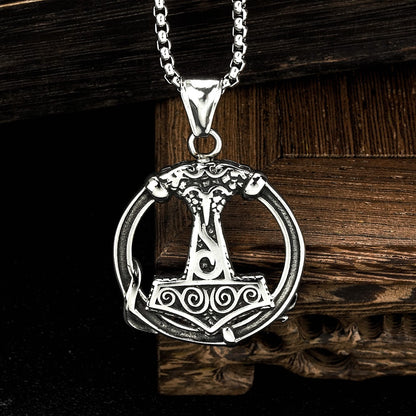Vintage Stainless Steel Viking Thor's Hammer Round Pendant Necklace for Men