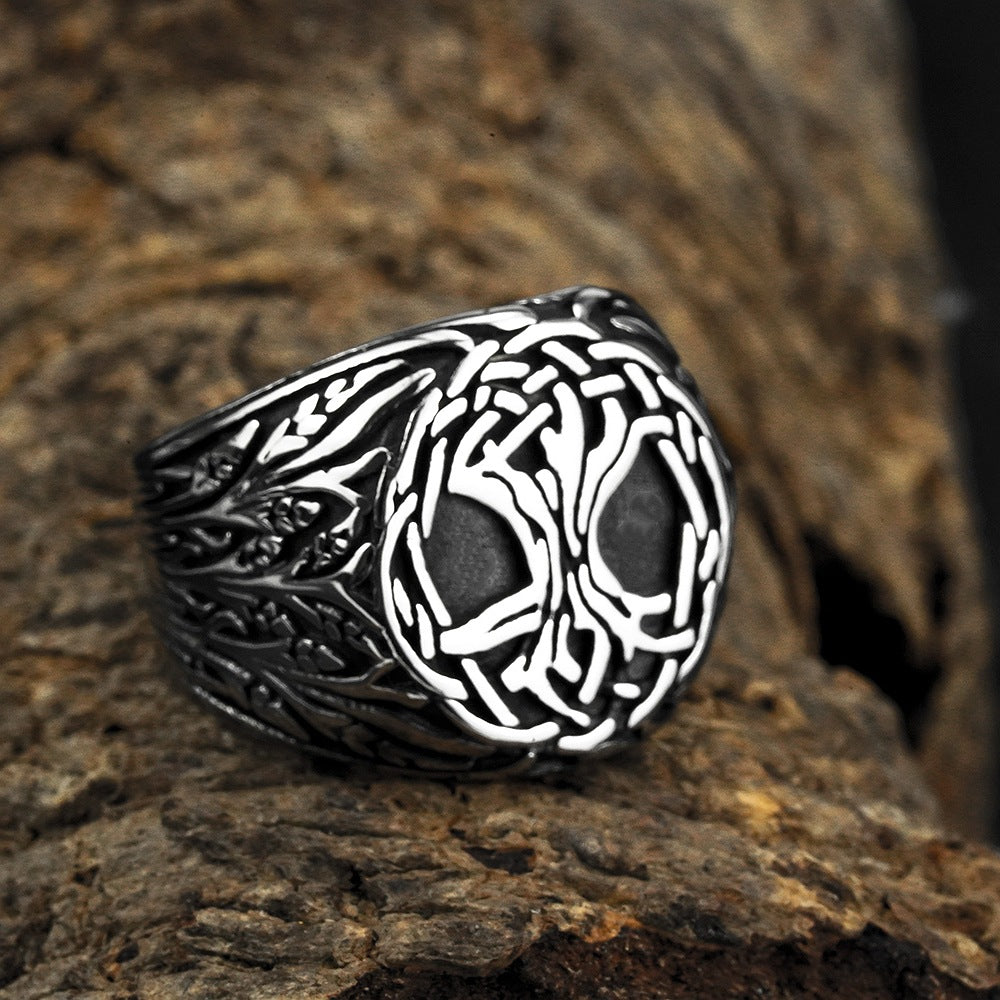 Vintage Solid Stainless Steel Norse Yggdrasil Tree of Life Wide Signet Ring Band for Men