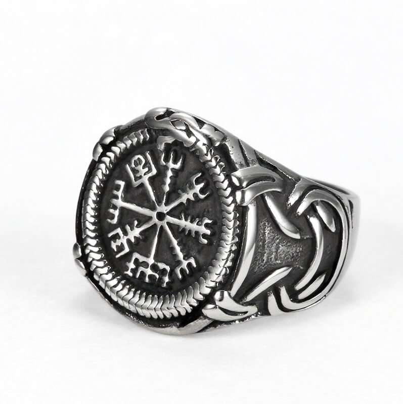 Vintage Antique Oxidized Solid Stainless Steel Norse Viking Aegishjalmur Helm of Awe Celtic Knot Wide Signet Band Ring for Men