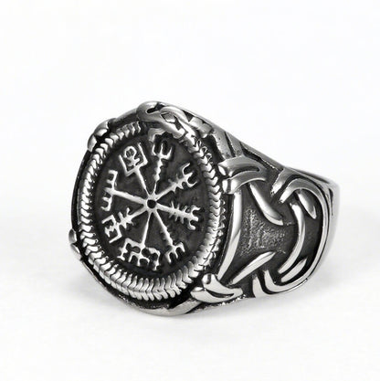 Vintage Antique Oxidized Solid Stainless Steel Norse Viking Aegishjalmur Helm of Awe Celtic Knot Wide Signet Band Ring for Men