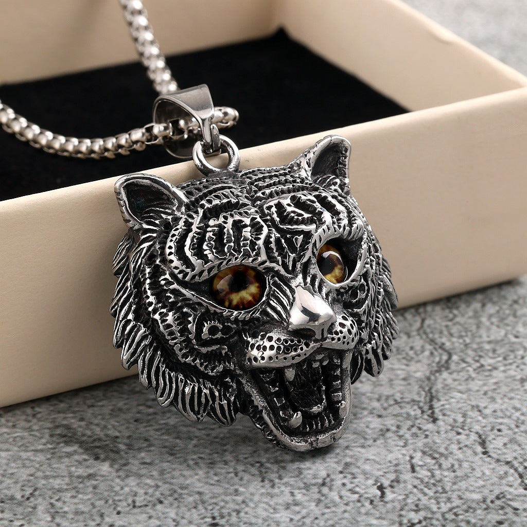 Vintage Stainless Steel Tiger Lion Leopard Pendant Necklace for Men