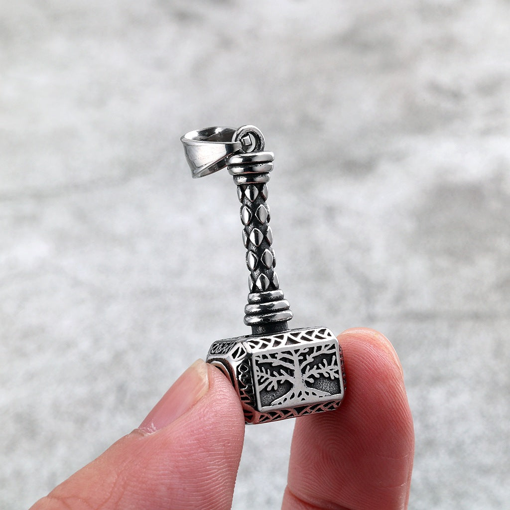 Men's Steel Hollow Tree Of Life Thor Hammer Pendant Necklace