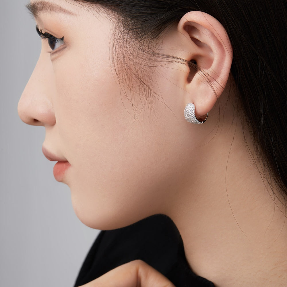 Women's U‑Shape Hoop Earrings, Paved Round Colorless Zirconia Inlaid, Delicate Compact Style, S925 with White Gold Plating
